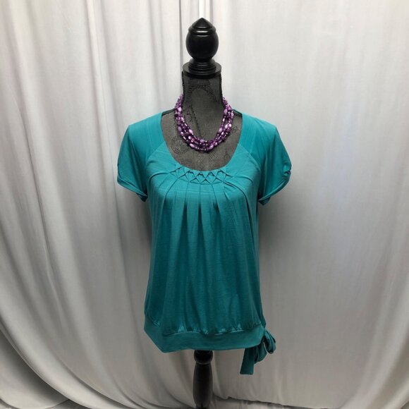Apt 9 Teal Short Sleeve Top Womens Size Medium Side Tie Pleated Front Stretchy - Picture 1 of 8
